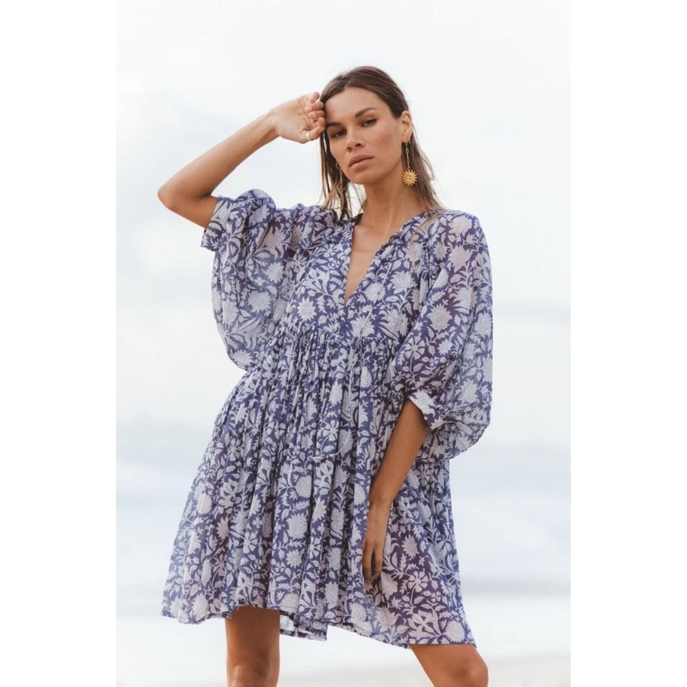 Daughters of India Kyra Mini Dress Blue Iris Floral Block Print Indigo Boho L